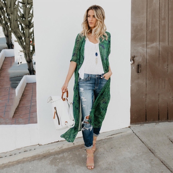 Tops - Palm Leaf Kimono Duster Cover Up